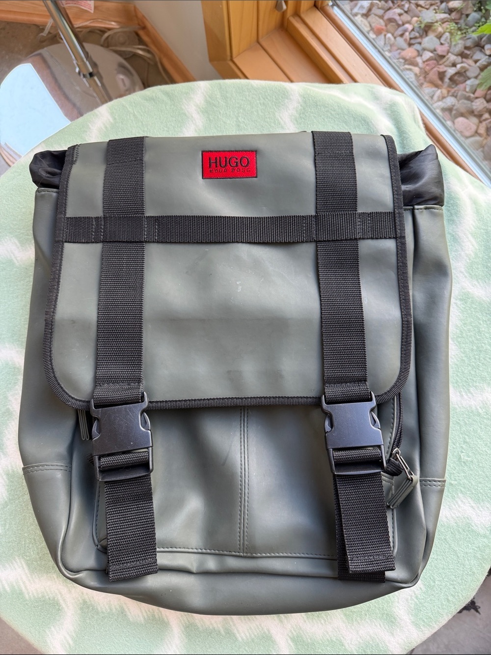 HUGO Boss Dark Olive Green and Black Men's Flap Buckle Backpack